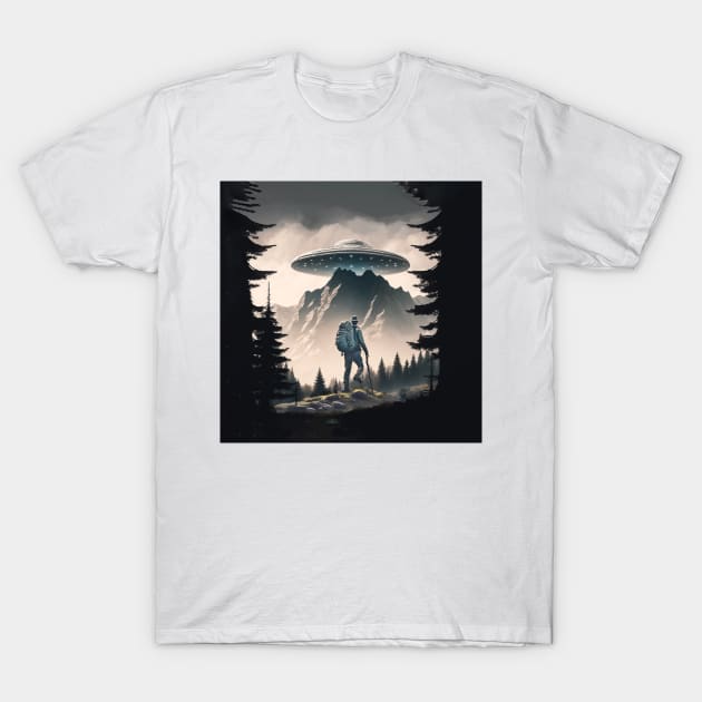 Hiker UFO Mountains Missing People T-Shirt by candiscamera